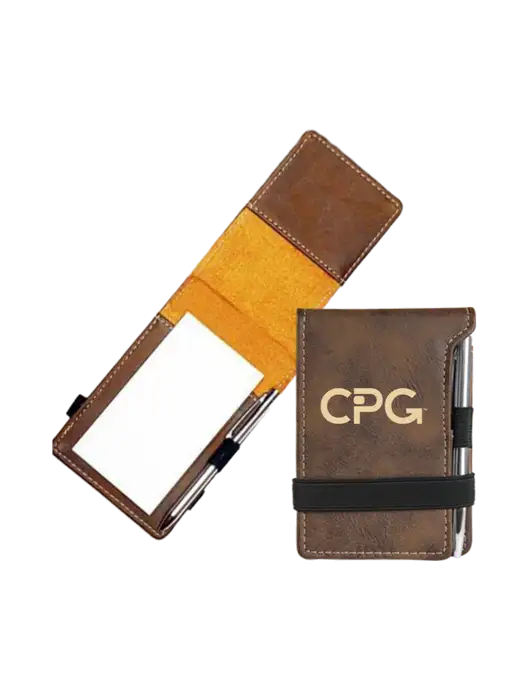 Rustic Leatherette Mini Notepad w/Pen, 3.25 x 4.75 w/CPG Logo