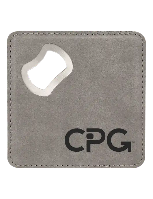 Grey Leatherette Coaster with Bottle Opener w/CPG Logo