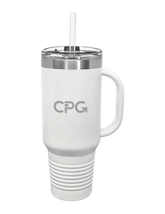 Polar Camel 40 oz. Powder Coated Vacuum Insulated White Travel Mug with Straw w/CPG Logo