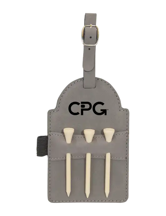 Grey Leatherette Golf Bag Tag with 3 Wooden Tees w/CPG Logo