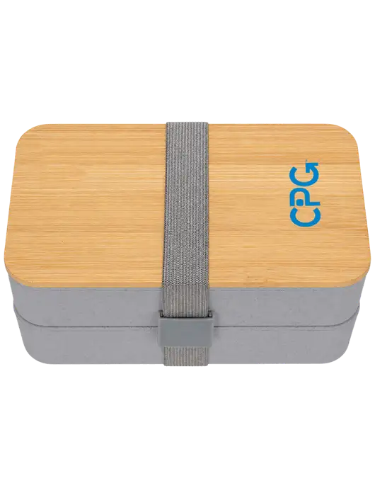 Double Decker Light Medium Grey Lunch Box w/Eco-Friendly FSC Bamboo Lid & Reusable Utensils w/CPG Logo