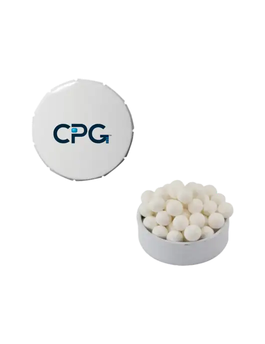 Signature Peppermints In White Snap Top Tin  w/CPG Logo