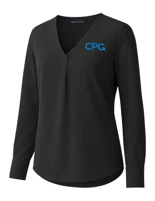 Brooks Brothers Womens Black Open-Neck Satin Blouse  w/CPG Logo
