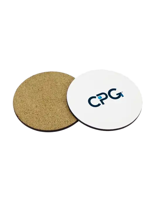 Gloss White Hardboard Round Coaster w/Cork Back, 3.75 w/CPG Logo