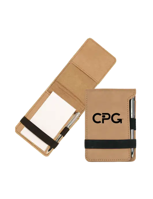Tan Leatherette Mini Notepad with Pen,  3.25 x 4.75 w/CPG Logo