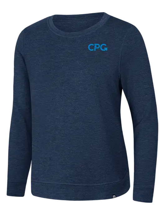 TravisMathew Womens Dark Slate Blue Heather Lightweight Long Weekend Crew w/CPG Logo