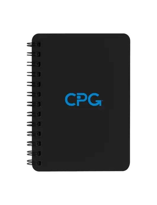 Sturdy Black Hardcover Notebook, 5.25 x 7 w/CPG Logo