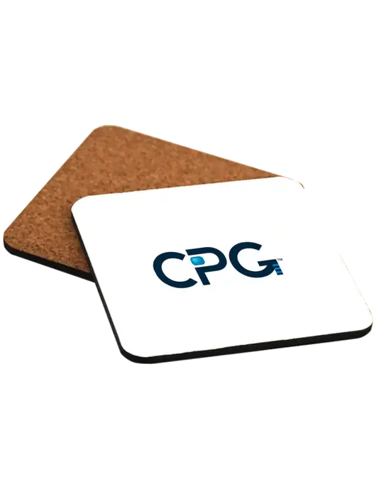 Gloss White Hardboard Square Coaster w/Cork Back, 3.75 x 3.75 w/CPG Logo