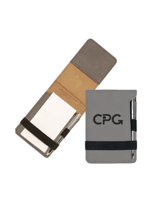 Grey Leatherette Mini Notepad with Pen,  3.25 x 4.75 w/CPG Logo