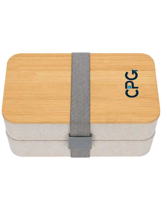 Double Decker Natural Ivory Lunch Box w/Eco-Friendly FSC Bamboo Lid & Reusable Utensils w/CPG Logo
