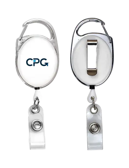 White Carabiner Style Badge Reel and Badge Holder w/CPG Logo