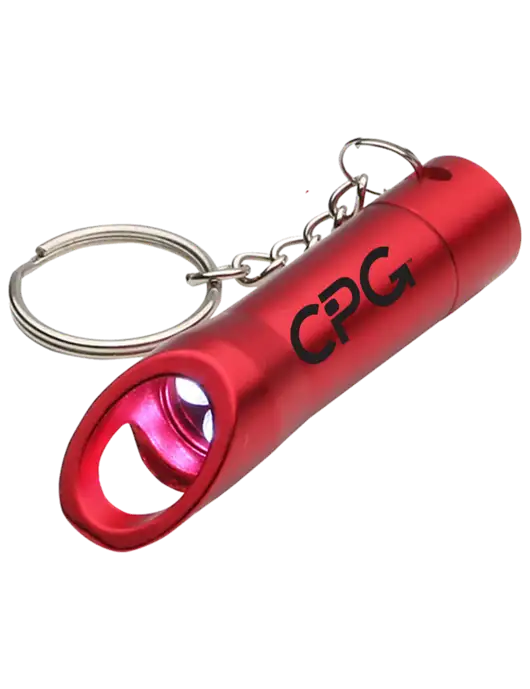 Red Pocket LED Flashlight with Bottle Opener & Keychain w/CPG Logo