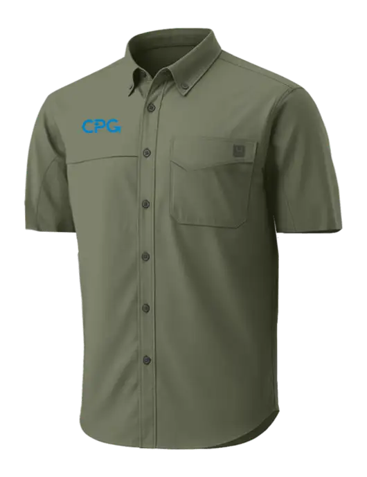 HUK Light Olive Tide Point Short Sleeve Shirt w/CPG Logo