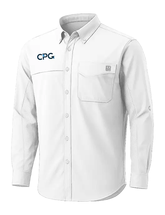 HUK White Tide Point Pocket Long Sleeve Fishing Shirt w/CPG Logo