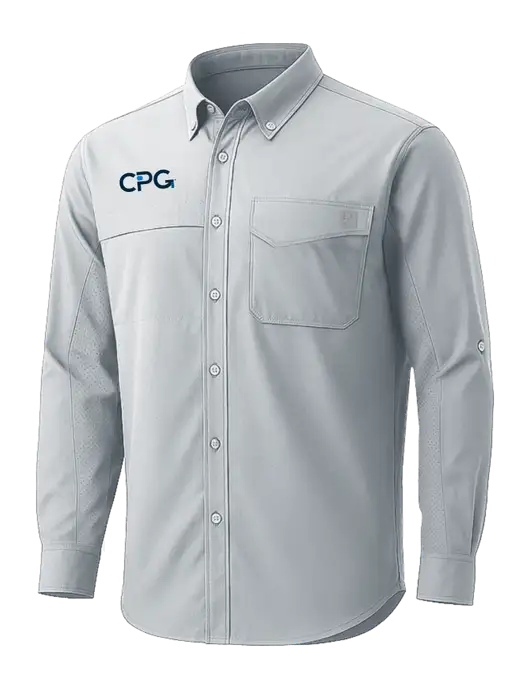 HUK Light Grey Tide Point Pocket Long Sleeve Fishing Shirt w/CPG Logo