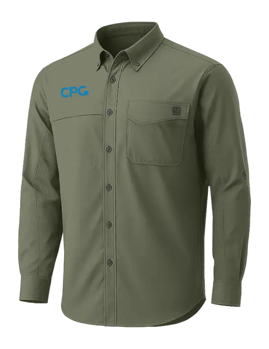 HUK Light Olive Tide Point Pocket Long Sleeve Fishing Shirt w/CPG Logo