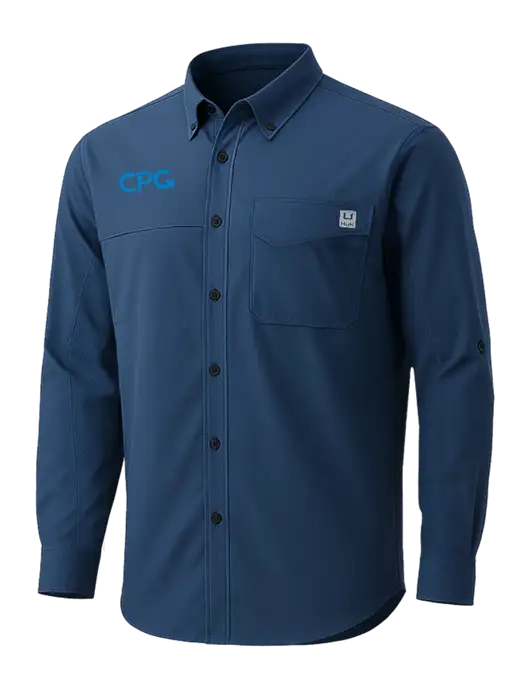HUK Navy Tide Point Pocket Long Sleeve Fishing Shirt w/CPG Logo