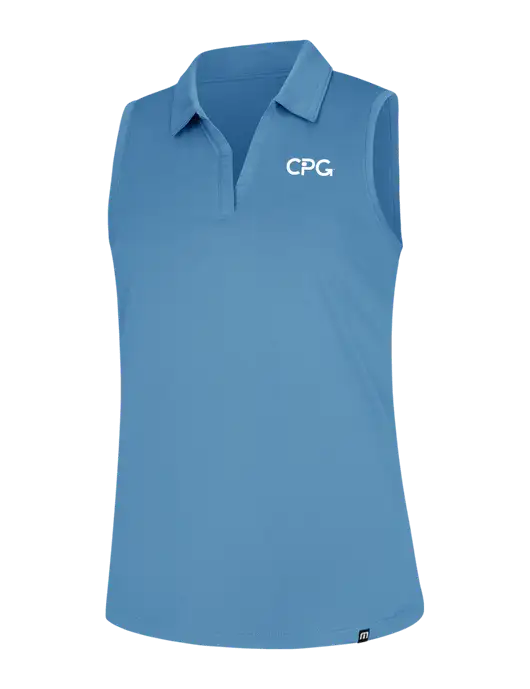 TravisMathew Womens Light Blue Heather Coto Performance Sleeveless Polo w/CPG Logo