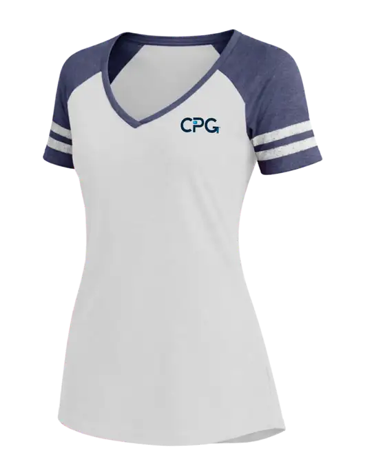 Womens White/Navy Heather V-Neck Game Tee w/CPG Logo